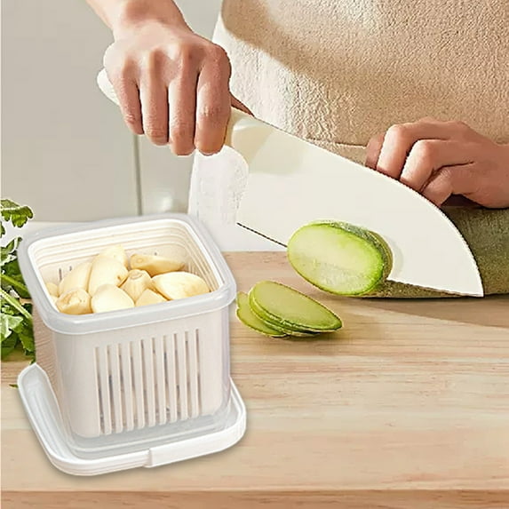 Kitchen Ginger Garlic Seasoning Storage Organizer Box, Double Drainage Sealed Food Container for Refrigerator, Plastic, White/Blue/Pink, 11x9.5x8.5cm