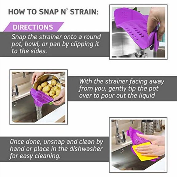Kitchen Gizmo Snap N Strain Pot Strainer and Pasta Strainer - Adjustable Silicone Clip On Strainer for Pots, Pans, and Bowls - Kitchen Colander - Purple