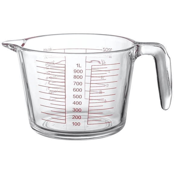 Kitchen Glass Measuring Cup, 1000 ml/32 fl oz High Borosilicate Liquid Vessel, Red Easy Read Scale, Pour Spout, Integrated Handle, Includes Strainer for Baking