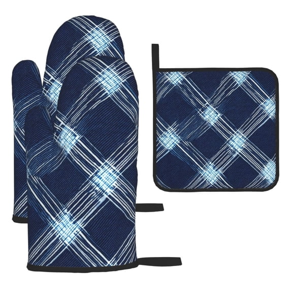 Kitchen Gloves Heat Insulation Pad Three Sets Of Heat Proof Waterproof Fabric Easy To Clean For Pot Cover Microwave Oven End Bowl Plate Argyle Plaid Deepskyblue_4