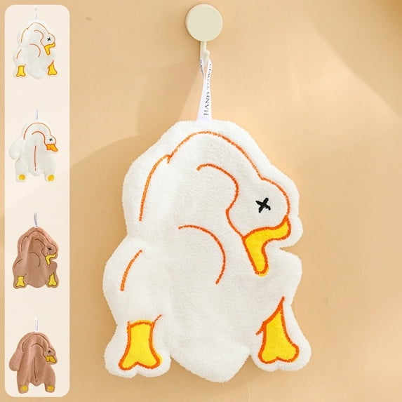 Kitchen Hand Towel Coral Fleece Hanging | Goose & Duck Pattern | Super Absorbent Quick-Dry | White Brown | 23x17cm | Soft Touch, Space-Saving Kitchen Cleaning