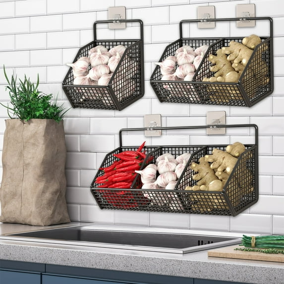 Kitchen Hanging Basket Organizer Wall Mounted Spice Rack | No Drill Ginger Garlic Storage Shelf | Multi-Compartment ABS Space Saver | Black | 14.17x5.90x3.14in | 1 Pack