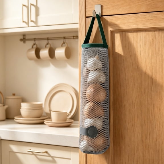 Kitchen Hanging Mesh Storage Bag for Plastic Bags, Fruits, Vegetables, Garlic, Ginger  Wall Mounted Breathable Perforated Organizer, Large Capacity, Foldable Space Saving for Small Kitchens and