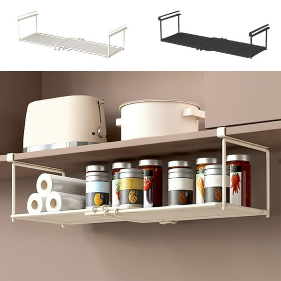 Kitchen Hanging Storage Rack | Layered Metal Organizer | Telescopic Under Cabinet Basket | Rust-Proof Carbon Steel | Punch-Free Install | 32x23x5cm | White