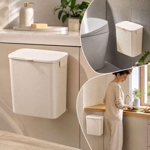 Kitchen Hanging Trash Can Large Capacity Garbage Basket Wall Mounted Trash Bin with Lid for Bathroom,9.36x4.92x9.88 inch