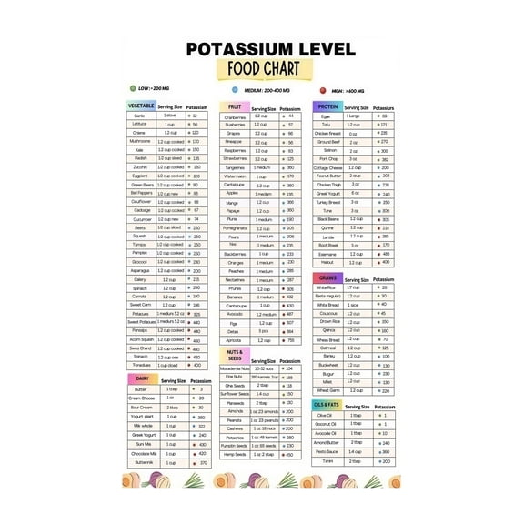 Kitchen Health Reference Complete Potassium Foods Chart High Low Potassium Food Guide Nutritional Poster for Healthy Eating