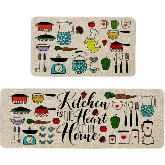 The Kitchen is The Heart of The Home Kitchen Mats Set of 2, Non-Slip Rubber Back Kitchen Rugs, Seasonal Holiday Cooking Sets Washable Floor Mat for Home Kitchen Decor - 17x29 and 17x47 Inch