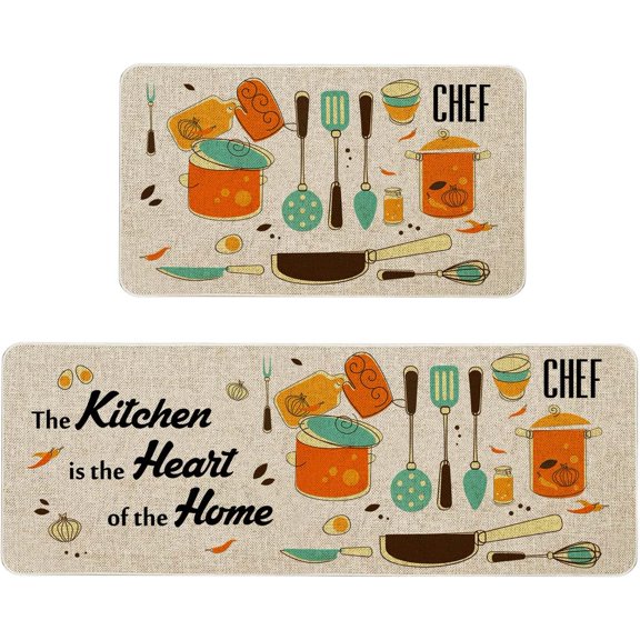 The Kitchen is The Heart of The Home Kitchen Mats Set of 2, Non-Slip Rubber Back Kitchen Rugs, Seasonal Holiday Cooking Sets Washable Floor Mat for Home Kitchen Decor - 17x29 and 17x47 Inch