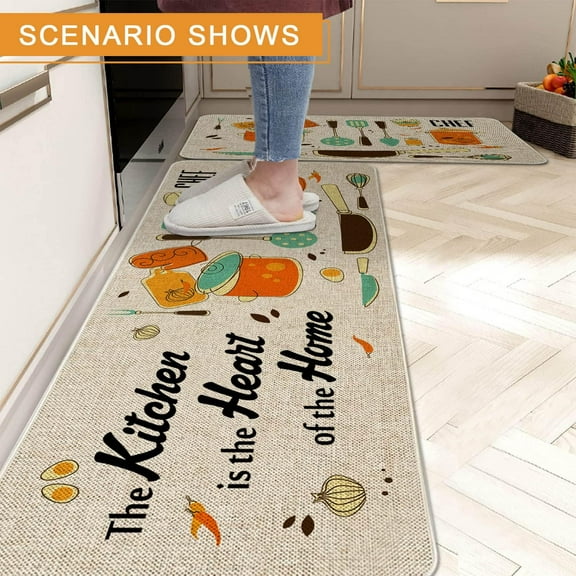 The Kitchen is The Heart of The Home Kitchen Mats Set of 2, Non-Slip Rubber Back Kitchen Rugs, Seasonal Holiday Cooking Sets Washable Floor Mat for Home Kitchen Decor - 17x30 and 17x47 Inch
