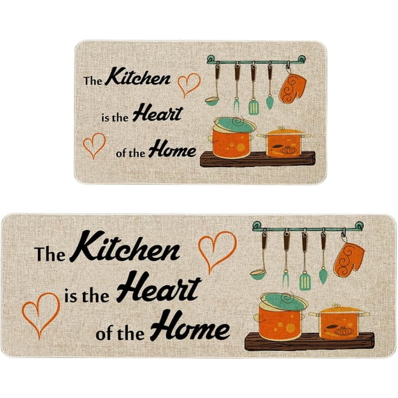 The Kitchen is The Heart of The Home Kitchen Mats Set of 2, Non-Slip Rubber Back Kitchen Rugs, Seasonal Holiday Cooking Sets Washable Floor Mat for Home Kitchen Decor - 17x30 and 17x47 Inch