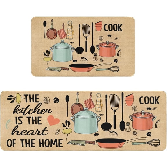 Kitchen is The Heart of The Home Kitchen Mats Set of 2, Rubber Non Slip Backing Farmhouse Low-Profile Floor Mat Decor Indoor Rug 17"x 47"+17" x 30"\u2026