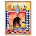 thumbnail image 1 of Kitchen Hearth Fireplace With Coloured Tiles Folk Art Watercolour Painting Art Print Framed Poster Wall Decor 12x16 inch, 1 of 5