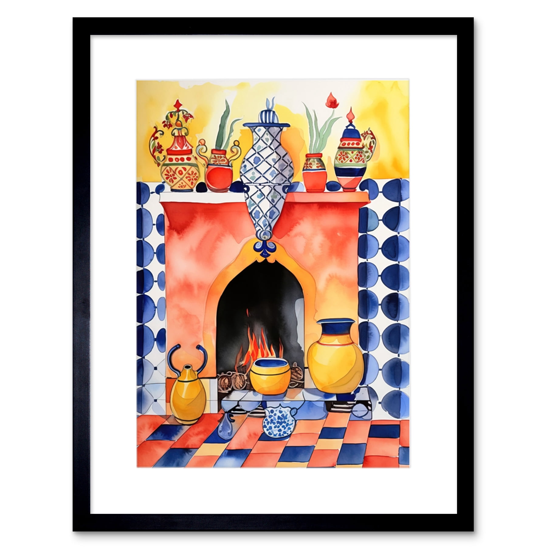 Kitchen Hearth Fireplace With Coloured Tiles Folk Art Watercolour