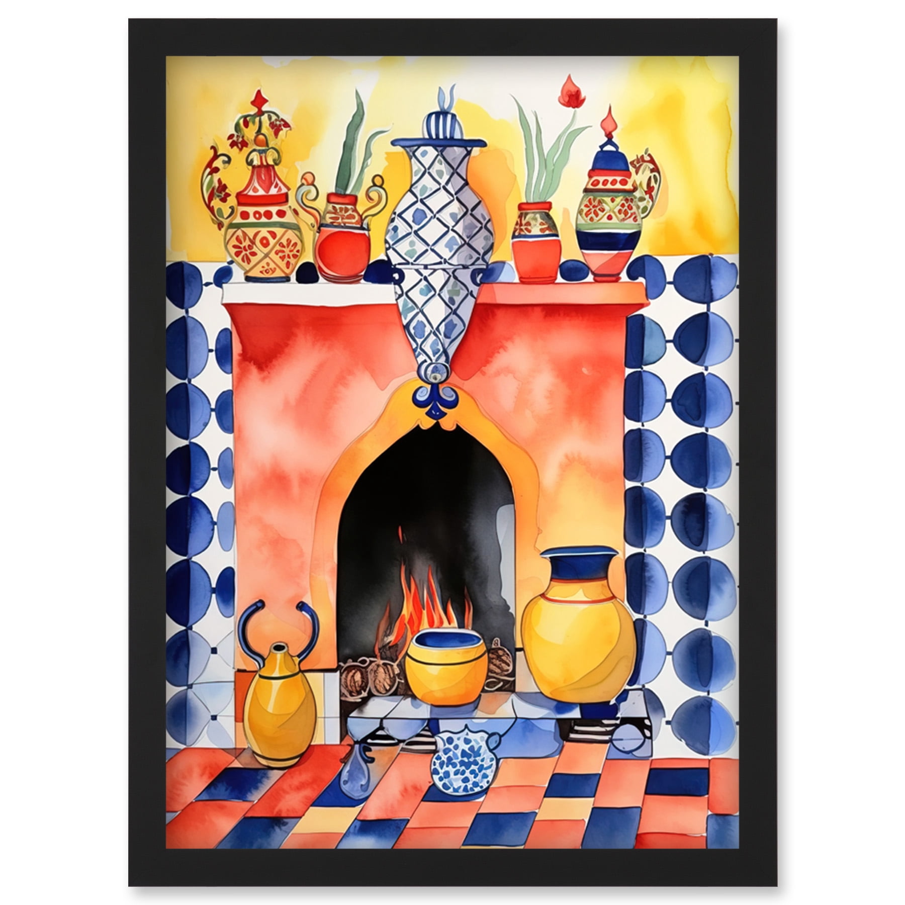 Kitchen Hearth Fireplace With Coloured Tiles Folk Art Watercolour