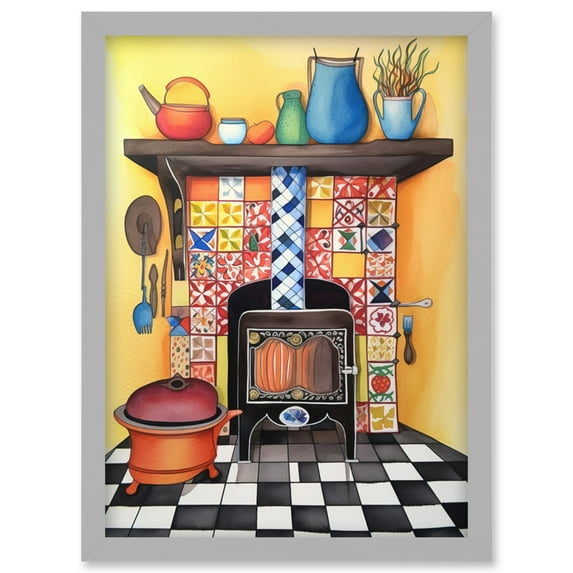 Kitchen Hearth Fireplace With Multicoloured Tiles Folk Art Watercolour Painting Artwork Framed Wall Art Print A4