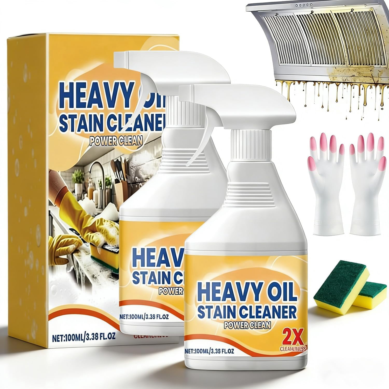 Kitchen Heavy Oil Cleaner Spray, 100ML All Purpose Kitchens Heavy Oil Cleaning Agent, Grease Remover, Heavy Duty Degreaser Clean Spray for Stove,Oven,Ovens and Appliances (2pcs)