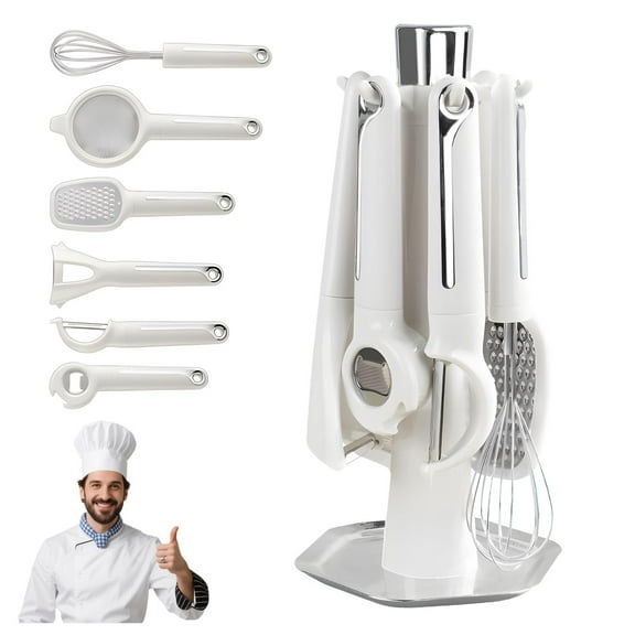 Kitchen Helper Tool Set,Multifunctional Storage Rack,Stainless Steel Grater,Egg Whisk Bottle Opener,Strainer Peeler Set,Wooden Hook Rack,Easy Clean Utensils,7 Piece Cookware Set,Desert Theme Rack