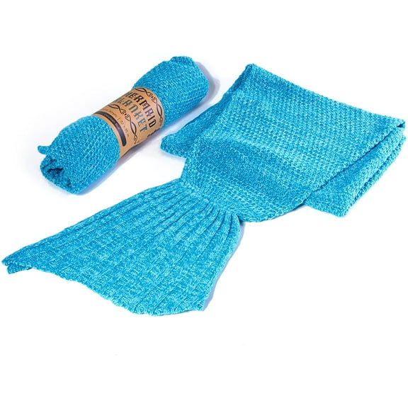 Kitchen + Home Mermaid Tail Blanket - Crochet Mermaid Pattern Knitted Sleeping Bag Throw For Adults and Kids 72x35 - Cerulean Blue