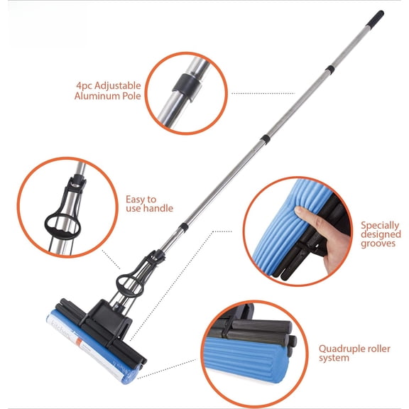 Kitchen + Home PVA Sponge Roller Mop - 11" Quadruple Roller All Purpose Floor Cleaner