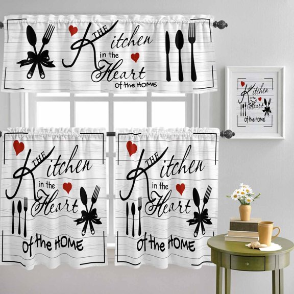 Kitchen in The Home Words Curtain Tier and Valance Set 3 Piece, Red Heart Tableware 3-inch Rod Pocket Window Tier Curtains Valance for Kitchen Living Room