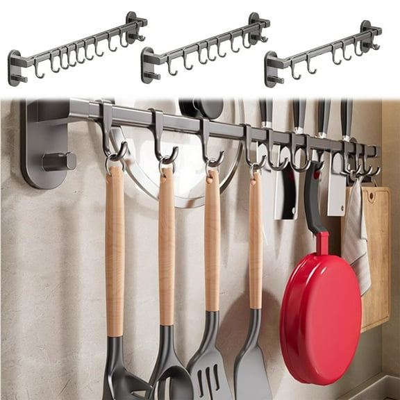 Kitchen Hook Rack Wall Mounted Aluminum | No Drilling Hanging Rod Organizer | Multipurpose Pot Pan Spoon Holder | Adjustable Storage | Sleek Black | Includes 1 Piece 50cm