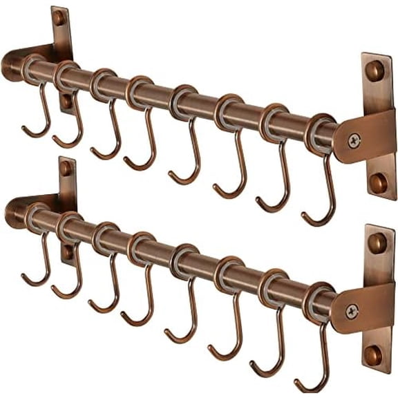 Kitchen Hooks for Hanging Utensils, Hanging Pot Rack, Kitchen Utensil Hanger Rail with 8 Hooks for Pots Pans, Spoons, Mugs, Wall Mounted, Stainless Steel, Antique Copper, Pack of 2