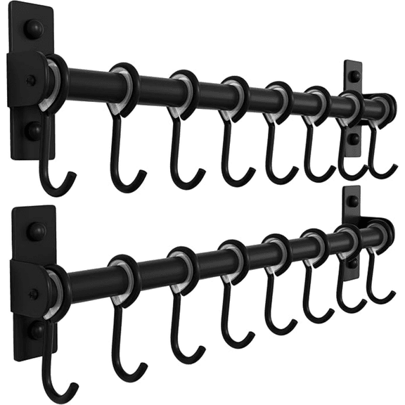 Kitchen Hooks for Hanging Utensils, Hanging Pot Rack, Kitchen Utensil Hanger Rail with 8 Hooks for Pots Pans, Spoons, Mugs, Wall Mounted, Stainless Steel, Black, Pack of 2