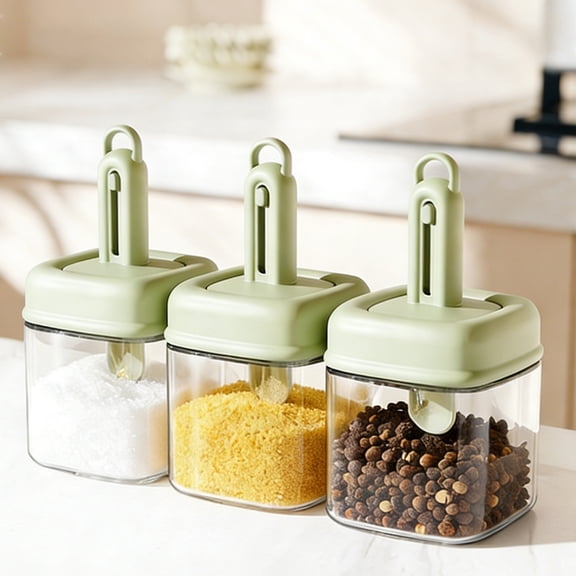 Kitchen Household Seasoning Storage Box with Telescopic Spoon, Sealed Moisture-Proof Container for Spice and Condiment, Space-Saving Kitchen Organizer for Countertop, 2.8*2.8*5.4in, Green