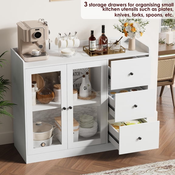 Kitchen Hutch Storage Cabinet, Coffee Bar with 3 Drawers, Freestanding Pantry with Countertop for Living Room, Dining Room, White