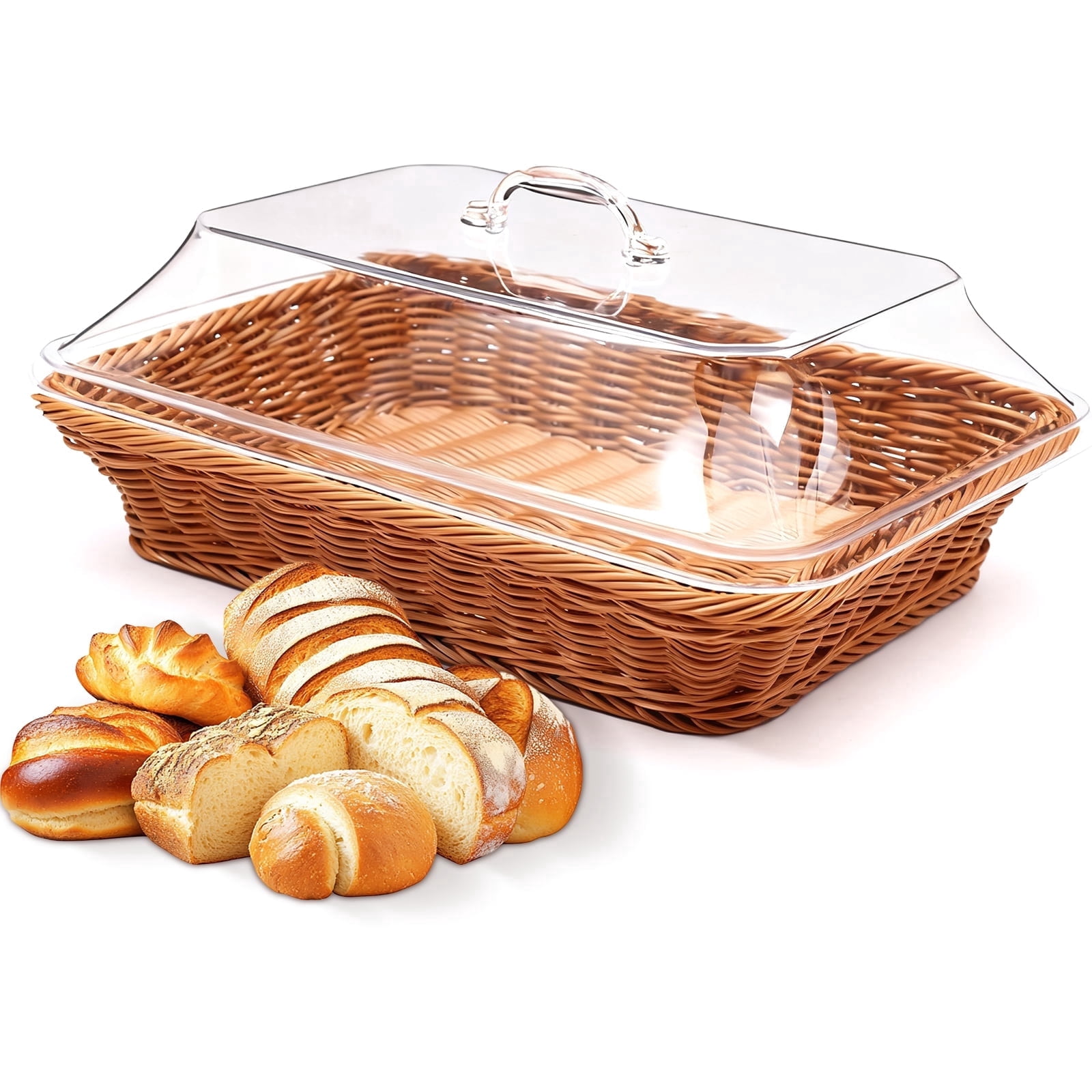 Kitchen Imitation Rattan Bread Basket,13.8''x9.8'' Large Wicker Bread Basket with Acrylic Lid,Tabletop Food Serving Basket, Fruit Tray, Rattan Food Serving Tray for Kitchen,Dining,Restaurant,Brown