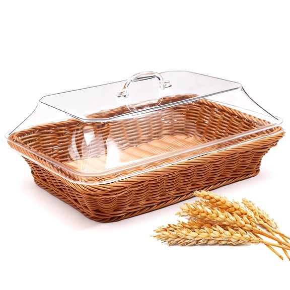 Kitchen Imitation Rattan Bread Basket,13.8''x9.8'' Large Wicker Bread Basket with Acrylic Lid,Tabletop Food Serving Basket, Fruit Tray, Rattan Food Serving Tray for Kitchen,Dining,Restaurant,Brown
