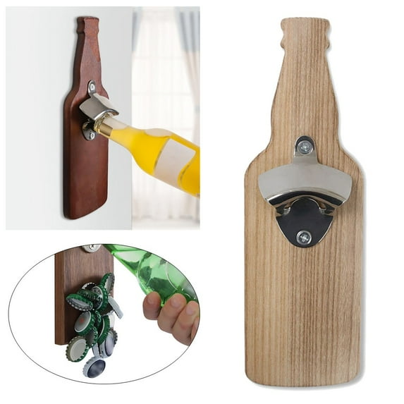 Kitchen Implementswall Mount Bottle Opener with Embedded Magnetic Cap Catcher in Solid Wood Fridge in Clearance