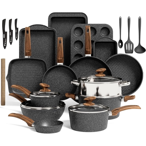 Kitchen Induction Cookware & Bakeware Set - 30 Piece Black Granite Cooking Pans Set, Non-Stick Pots and Pans Set