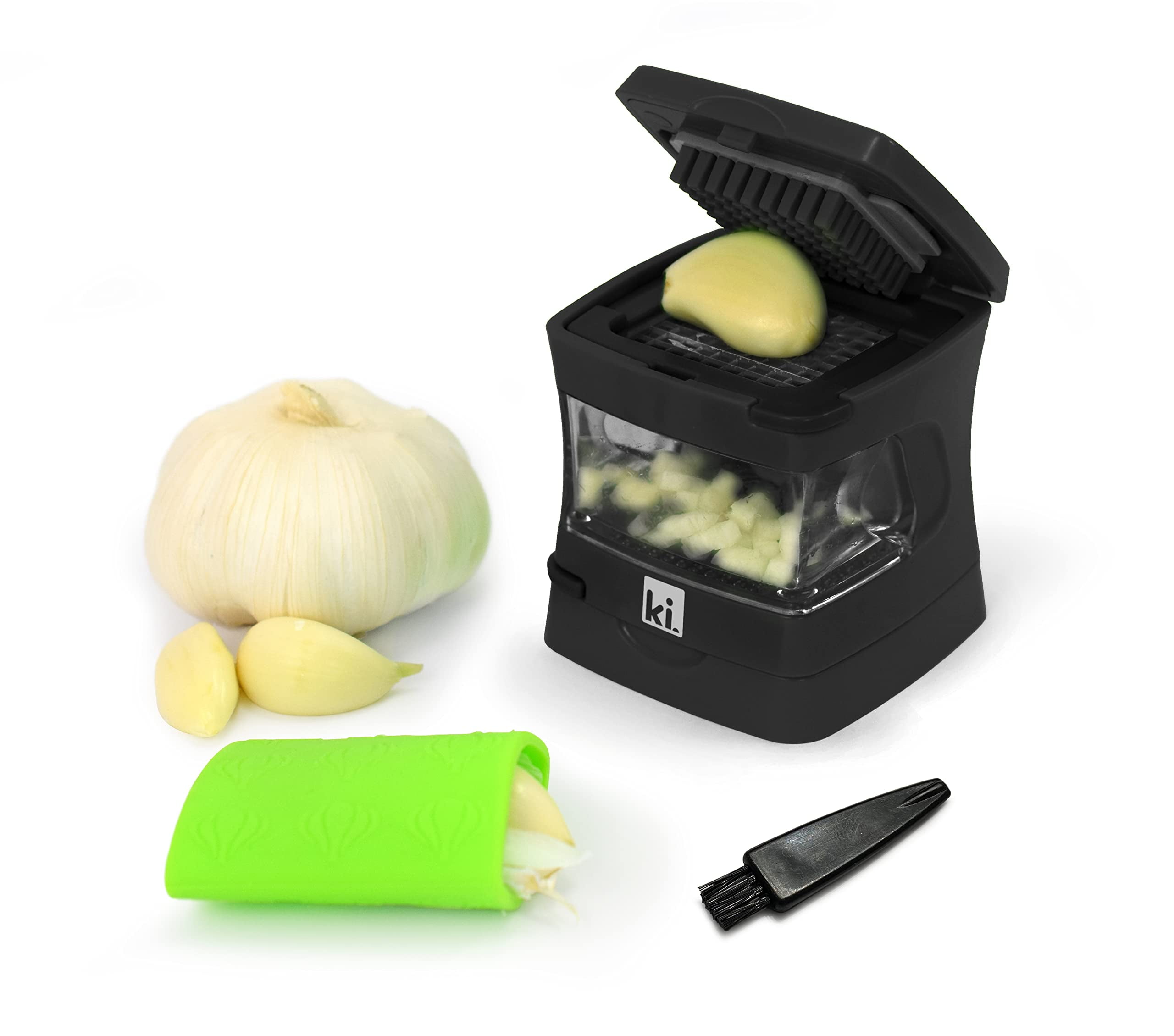 Kitchen Innovations Garlic-A-Peel Garlic Press, Crusher, Cutter, Mincer, and Storage Container - Includes Silicone Garlic Peeler - Easy to Clean - Stainless Steel Blades ‚Äì (Black), standard