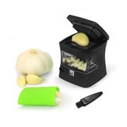 Kitchen Innovations Garlic-A-Peel Garlic Press, Crusher, Cutter, Mincer, and Storage Container - Includes Silicone Garlic Peeler - Easy to Clean - Stainless Steel Blades   Black, standard
