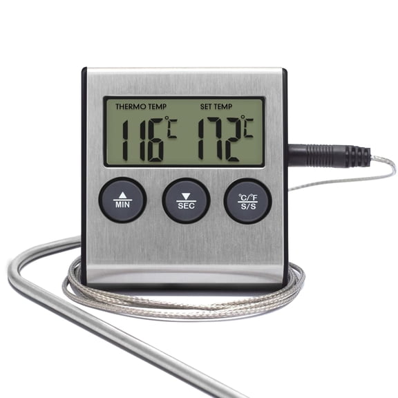 Kitchen Instant Read Meat Thermometer, Digital Thermometer and Timer Clock with Stainless Steel Food Probe for Candy, Cooking, BBQ