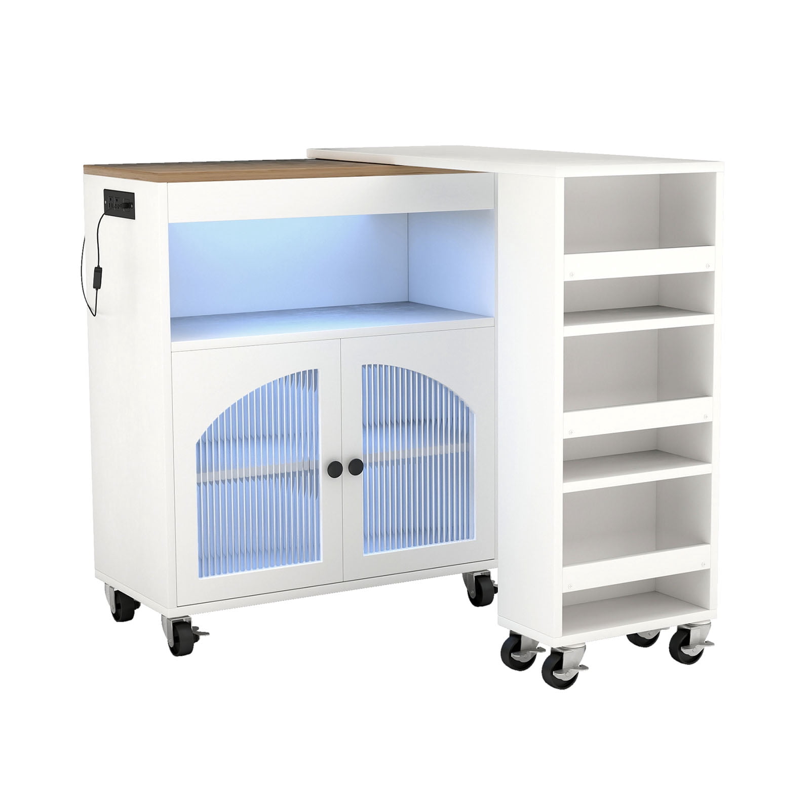 Kitchen Island, 2 Fluted Glass Doors MDF Lockable Wheels LED Light 2 USB Ports Kitchen Storage Cart  For Apartment