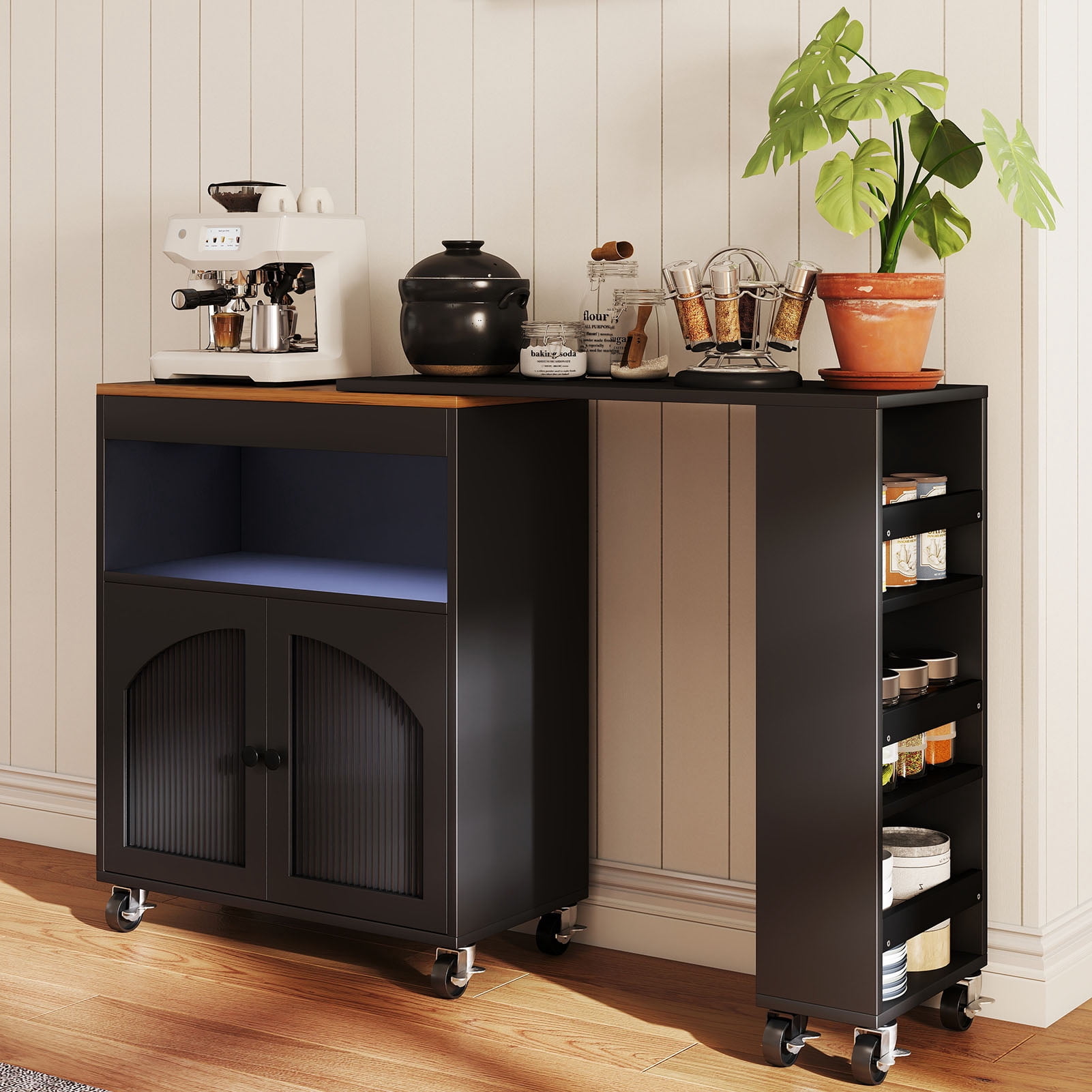 Kitchen Island, 2 Fluted Glass Doors MDF Lockable Wheels LED Light 2 USB Ports Kitchen Storage Cart  For Apartment