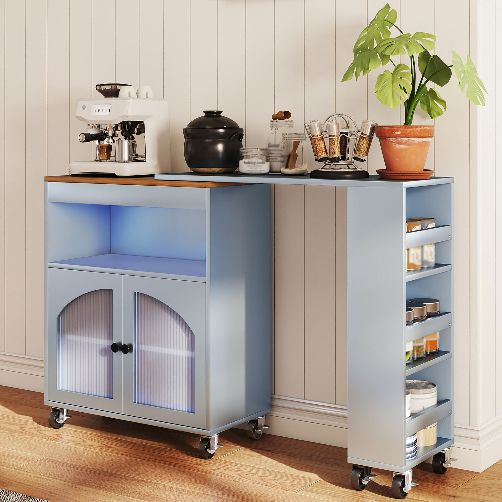 Kitchen Island, 2 Fluted Glass Doors MDF Lockable Wheels LED Light 2 USB Ports Kitchen Storage Cart  For Apartment