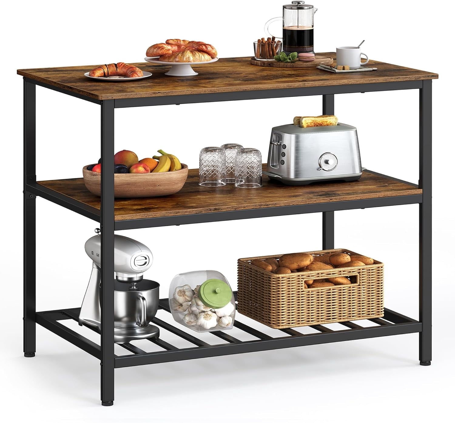 Kitchen Island with 3 Shelves, 39.4 Inches Kitchen Shelf with Large Worktop, Stable Steel Structure, Industrial, Easy to Assemble, Rustic Brown and Black