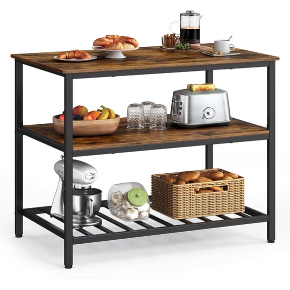 Kitchen Island with 3 Shelves, 39.4 Inches Kitchen Shelf with Large Worktop, Stable Steel Structure, Industrial, Easy to Assemble, Rustic Brown and Black