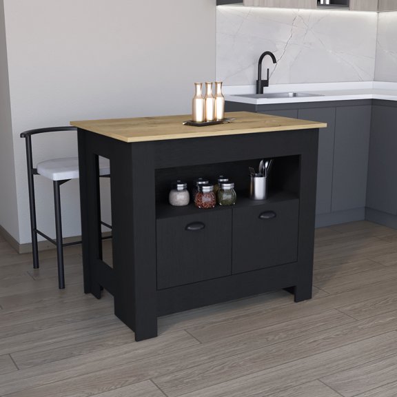 Kitchen Island 35.3" H - 2 Doors & 3 Shelves, Black/, Abundant Storage For Cookware, Chic Finish 35" Black/ Finish, Doors, Bountiful Space Elegant Configuration