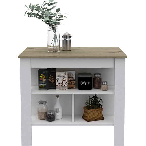 Kitchen Island 35.98 In Tall, 3 Open Shelf Storages With Dividers And Bins, 4 Legs, White/ Oak. Vast Top For Cooking Prep. Fits Many Areas 35" H Storage Drawers Pantry, Broad Meal Various Layouts