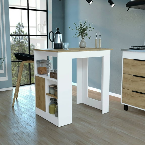 Kitchen Island 36" High, Incorporating Three Open Side Storage Shelves And One Push-open Cabinet In White/. Ready-assemble With Intuitive Interlocking Mechanism Pre-drilled Holes. Clear Assembly