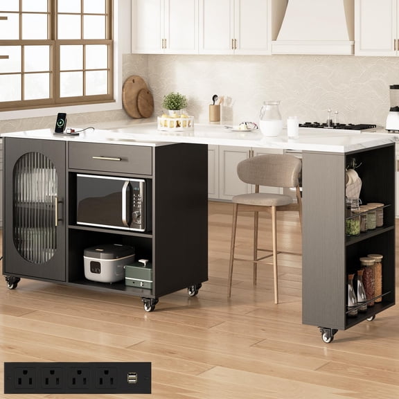 Kitchen Island with 360° Swivel Table & Power Outlet, Rolling Kitchen Island Cart with Storage & Seating, Mobile Kitchen Island Table with Cabinet, Drawers & Shelves on Wheels, White Faux Marble