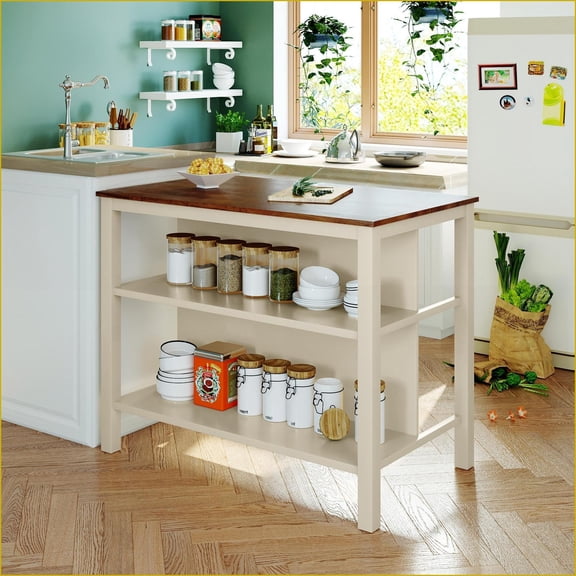 Kitchen Island | 45 Solid Rubber Wood Rustic Prep Table with Butcher Block Top & 2 Shelves | Walnut + Cream White | Rustic | Medium (40-55in)