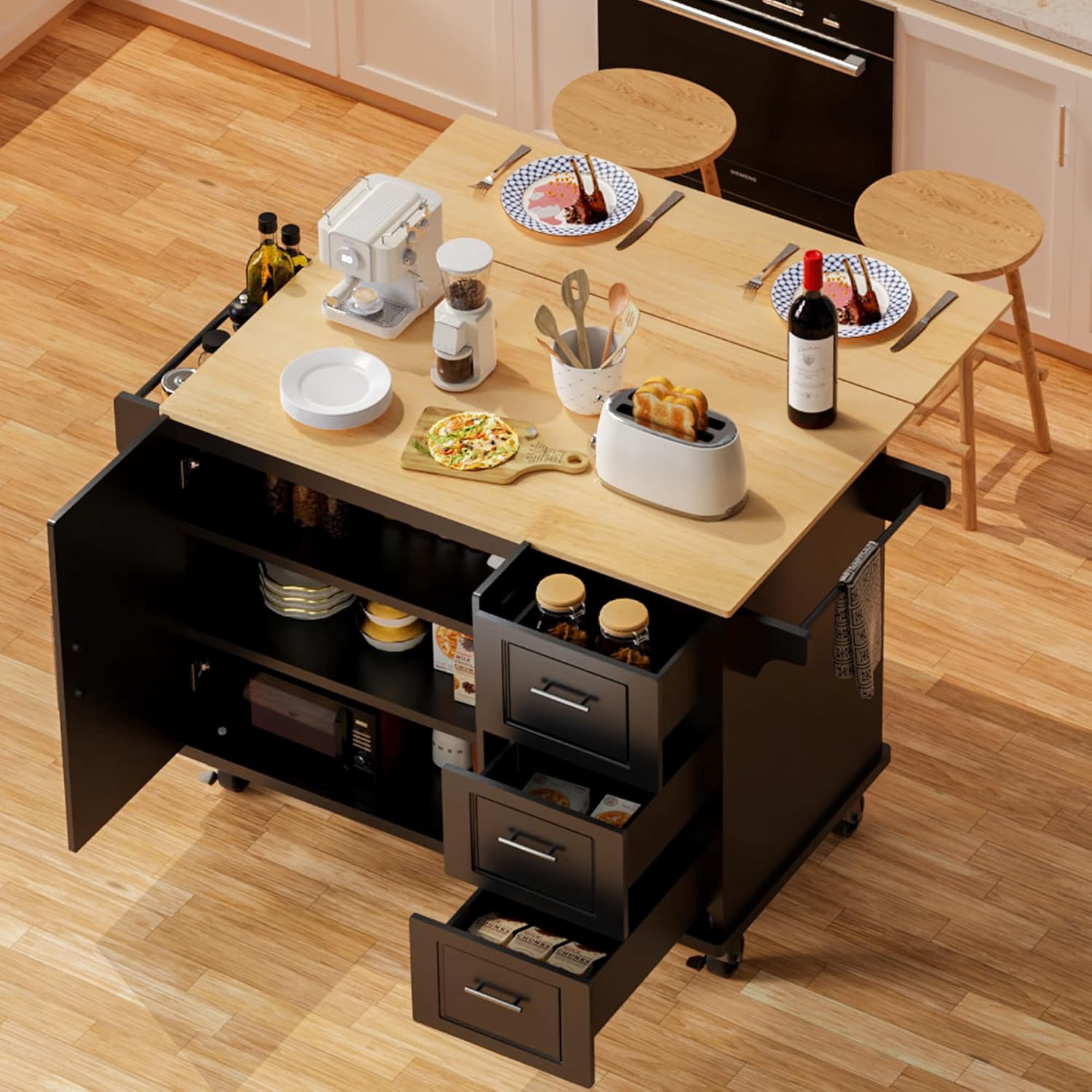 54" Rolling Kitchen Island Cart With Drop Leaf & Storage - 3 Drawers, 1 Cabinet, Spice Rack, White
