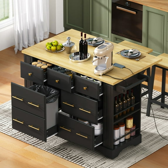 Kitchen Island with 6 Drawers, Pull Out Trash Can Storage Cabinet, Rolling Kitchen Cart on 5 Wheels with Drop Leaf, Power Outlet, 5 Open Side Racks, for Kitchen, Dining Room, Black