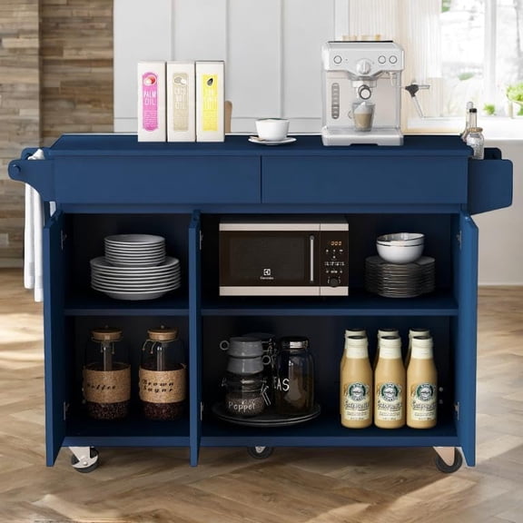 Kitchen Island with Ample Storage, Rolling Cart with Drop-Leaf, 2 Drawers & 3 Cabinets, Towel & Spice Racks, Mobile & Stationary Options, Muebles para Cocina, Bar Cart, White and Natural (Navy Blue)