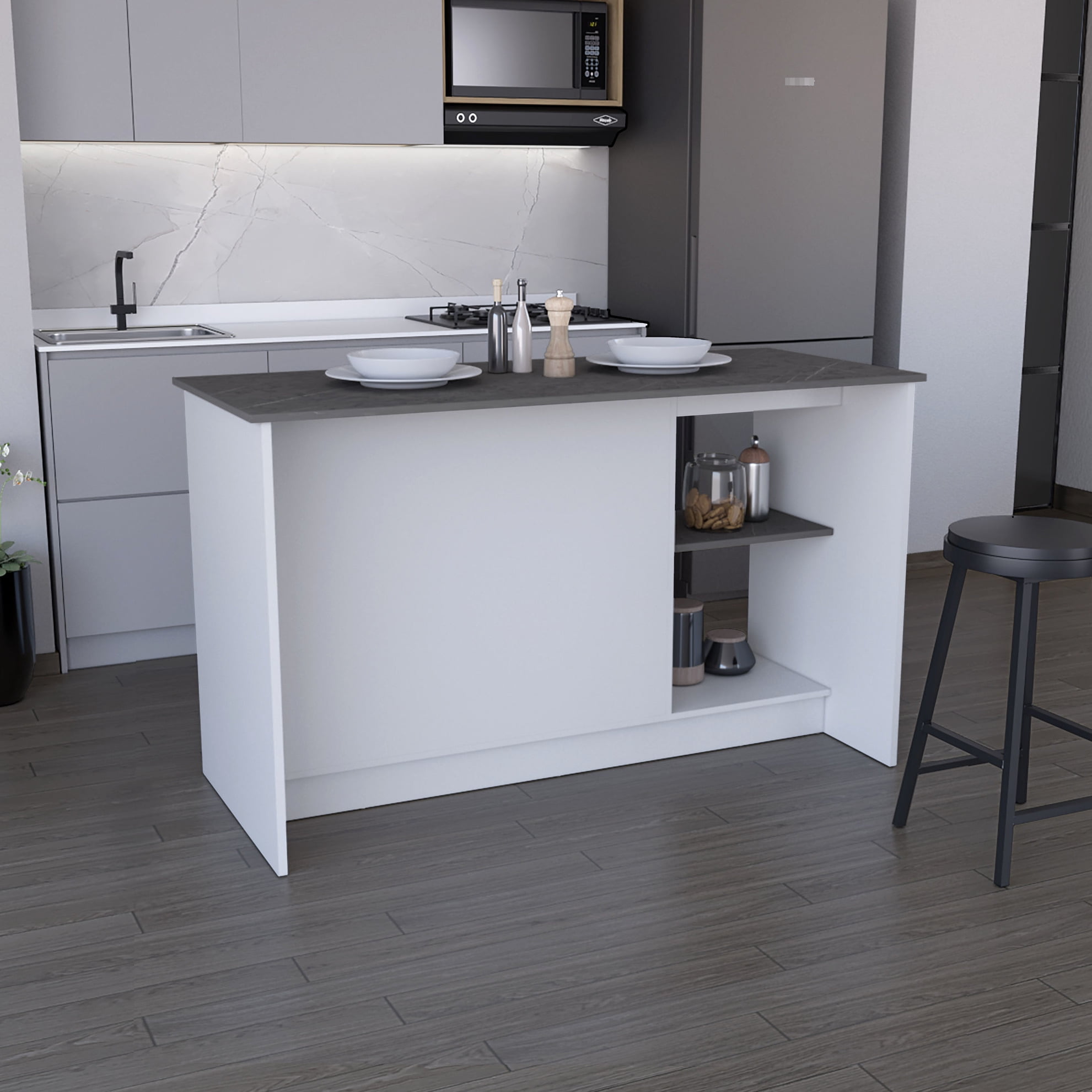 Kitchen Island With Ample Workspace Countertop In White, Double Door Cabinet & Open Shelves. Offers Sufficient Work Area. Stores Pots, Pans, Dishes. 59" X 25.36" 34.79". Engineered Wood, Solid Wood